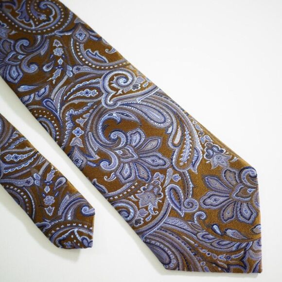 Boss Hugo Boss Brown Blue Paisley Floral Woven Silk Tie‎ - Picture 1 of 6
